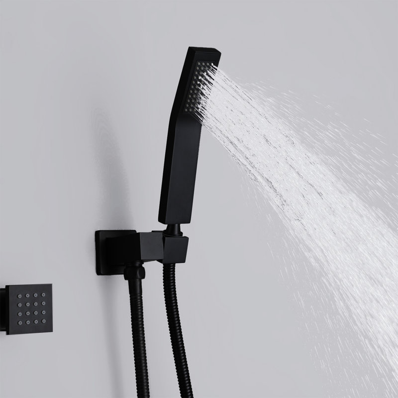 Système de douche complet à pression équilibrée avec valve brute, Noir mat