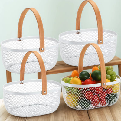 4-Pack Oval Metal Wire Storage Baskets With Wooden Handles - Multi-Purpose Mesh Organizer For Kitchen, Bathroom, Office, And Home Decor