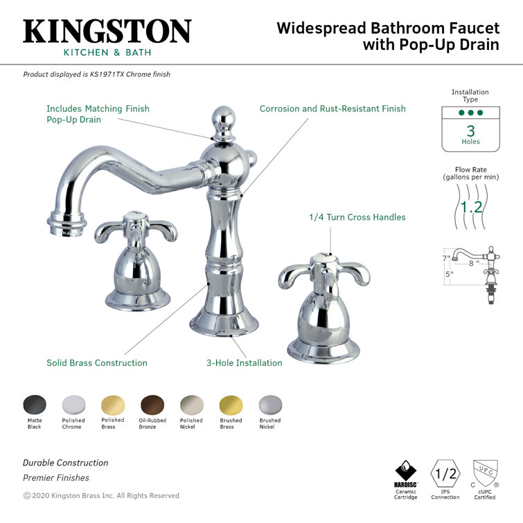 Kingston Brass French Country Widespread Bathroom Faucet with Pop