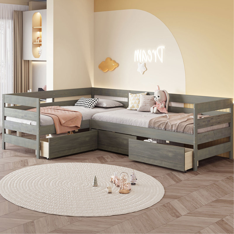 Lit plateforme en L avec trois tiroirs de rangement, Gris
