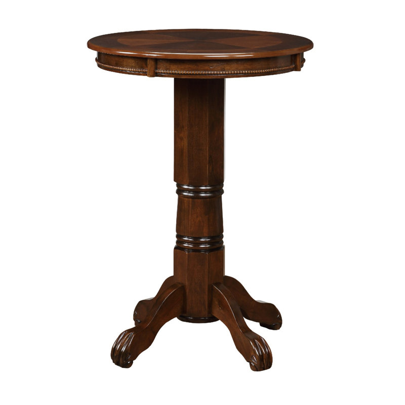 Ava 42 Inch Wood Pub Bar Table, Sunburst Design, Carved Pedestal, Cappuccino, Cappuccino