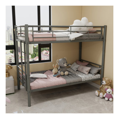 Twin Over Twin Metal Bunk Bed For Kids Boys Girls,Metal Structure Bedframe With Ladders   Guardrail,Convertible 2 Beds,No Spring Box Required