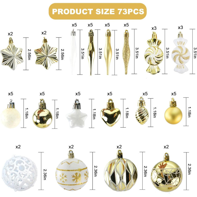 73 pièces de boules de Noël, boules de suspension en plastique pour arbre de Noël, couronnes et présentoirs d'extérieur