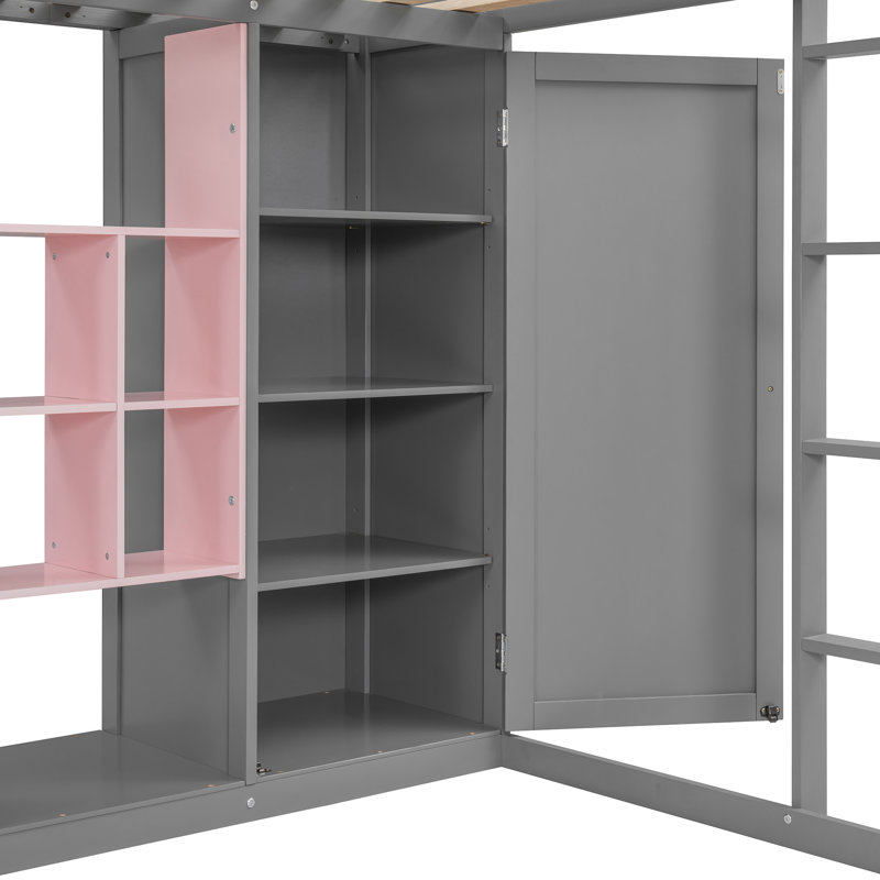 Wood Loft Bed With Wardrobe, Pink/Gray, Full