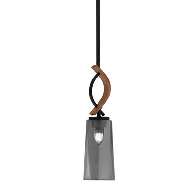 Suspension Monterey Stem Mini offerte en noir mat et métal peint imitation bois avec verre fumé à bulles de 12,7 cm (L) x 25,4 cm (H).