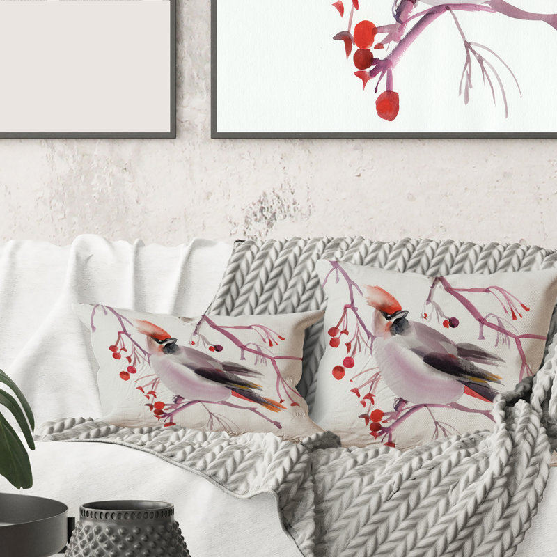 Housse et insert d'oreiller carré Waxwing Bird on a Branch, 18" x 18"