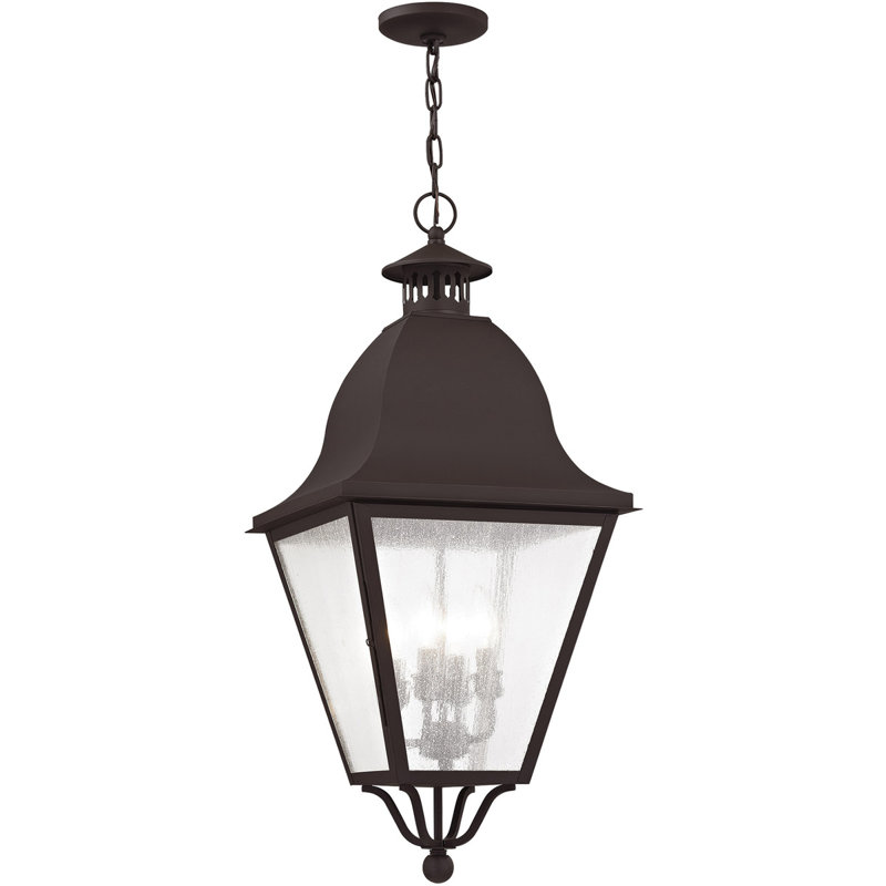 13.5in 4 Light Outdoor Chain Lantern Pendant Fixture with Seeded Glass Shade, Bronze