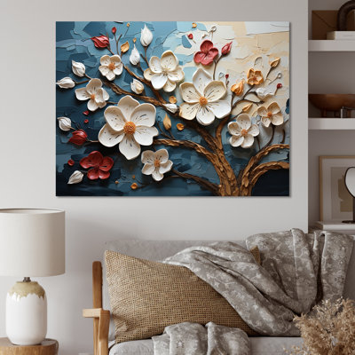 Arbre dynamique à pétales blancs et roses IV - art floral abstrait