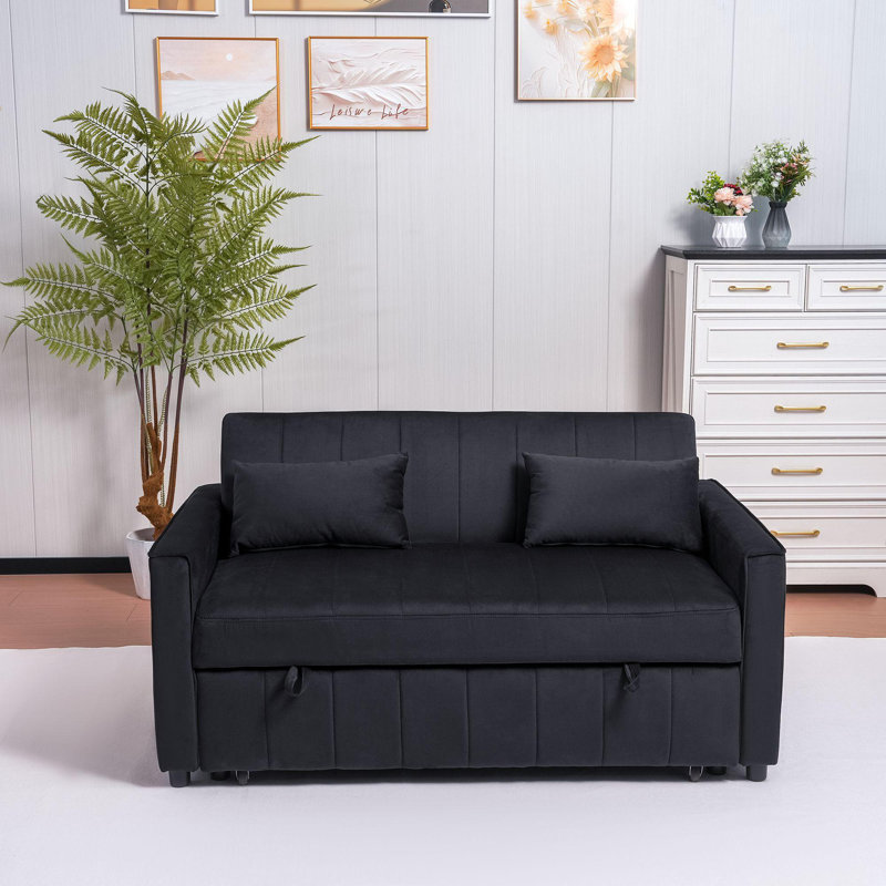 Sleeper Sofa Bed, 3-in-1 Velvet Pull Out Couch with Armrests, Storage Pockets and 2 Pillows, Adjustable Backrest, Sofa Bed Couch for Living Room, Bedroom(Black)