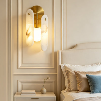 Organic Modern Natural Alabaster Wall Sconce, Bulbs Included, Hardwired with Black/Gold Tone Finish