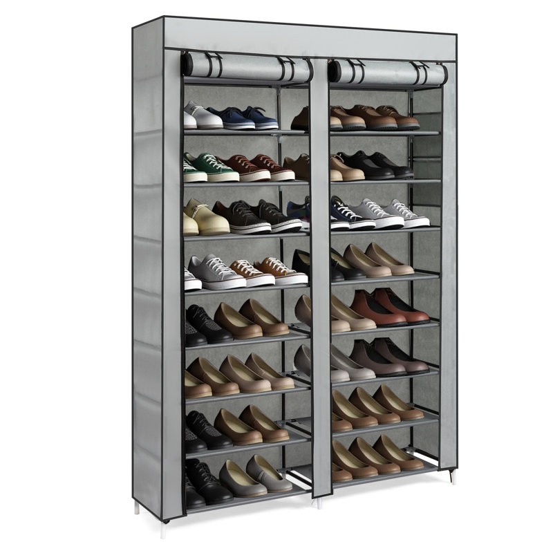 Double Row 10 Layer Shoe Cabinet Iron Pipes Non Woven Fabric Plastic 45.28X11.81X62.99In, Gray