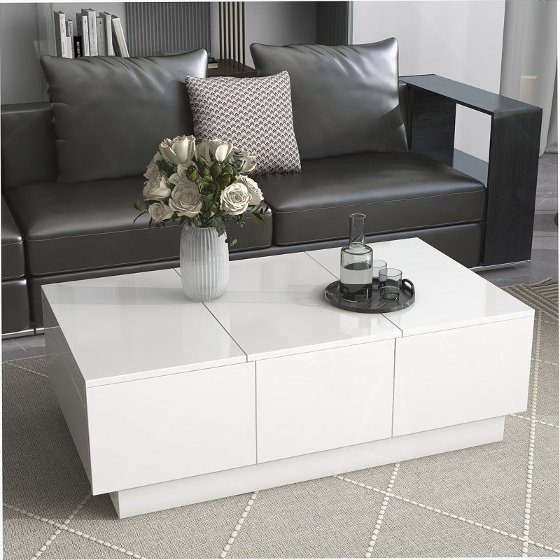 Multifunctional Coffee Table with 2 large Hidden Storage Compartment, Extendable Cocktail Table with 2 Drawers, High-gloss Centre Table with Sliding Top for Living Room