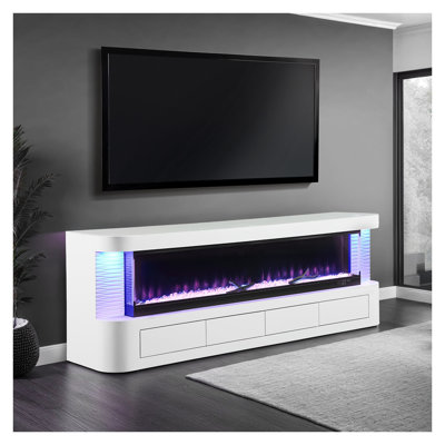 Meuble télé contemporain blanc avec foyer électrique 71 po avec console média et minuterie d'arrêt automatique