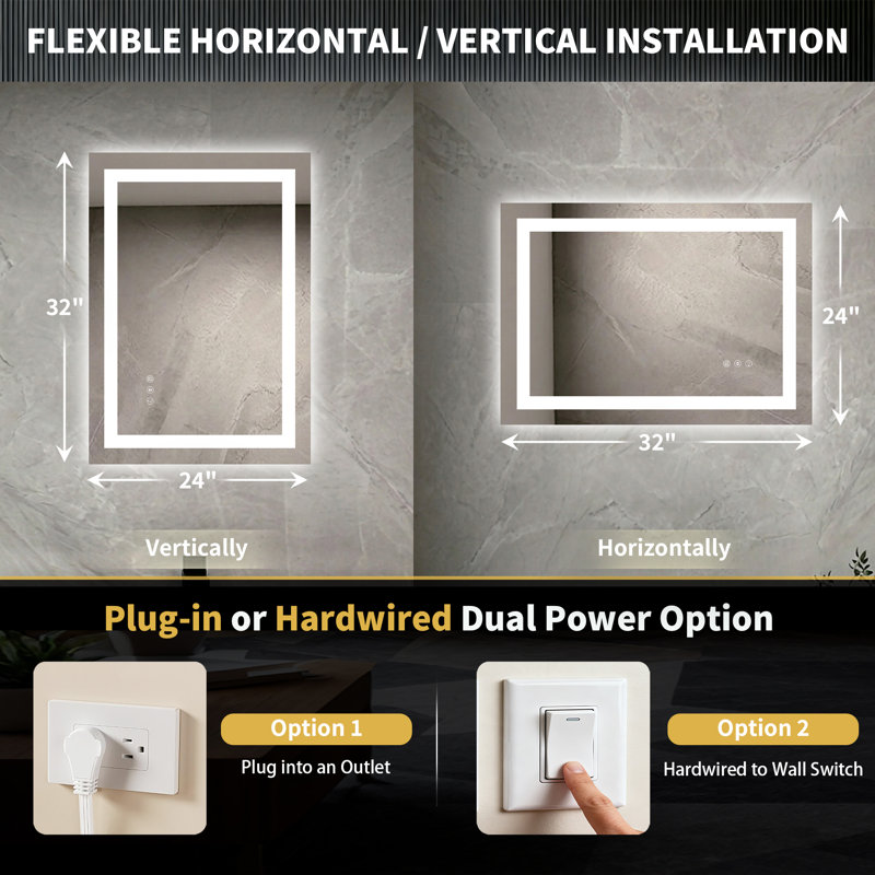 24" X 32" LED Bathroom Mirror With Dimmable Light Anti-Fog Lighted Vanity Mirror With 3 Color Modes, IP44 Waterproof Horizontal/Vertical Mount