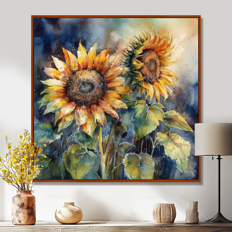 Tournesol jaune symphonie II - tournesol, art mural, H 36 po x l 36 po x P 1,5 po, Cadre flottant brun