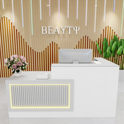 Bureau de réception en forme de 78,8 po avec comptoir et tablettes ouvertes, bureau de réception, lumières à DEL RVB, panneau à lattes, comptoir de caisse blanc et gris pour SOHO, bureau, salon de beauté