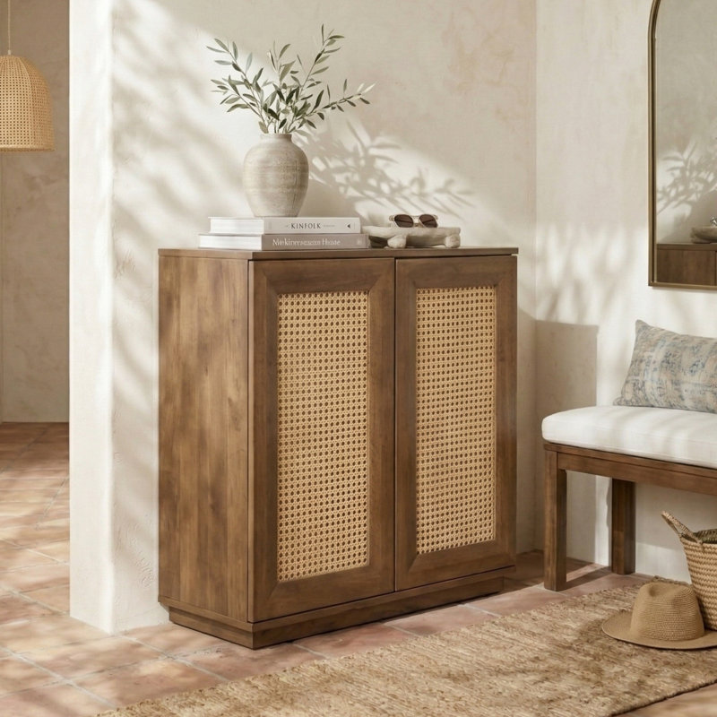 Meuble de rangement à 2 portes, meuble d'appoint en bois massif et rotin, buffet modulaire, système de rangement extensible pour salon et meuble télé, montage facile, aspect teck