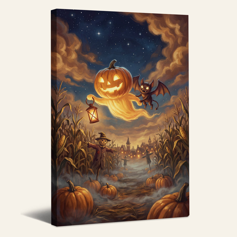 Tableau sur toile d'Halloween représentant une citrouille lumineuse, un fantôme et une chauve-souris au-dessus d'un champ de maïs