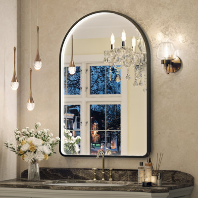Miroir de salle de bain à DEL avec lumières, miroir de salle de bain arqué avec antibuée, fonction de mémoire, à intensité variable
