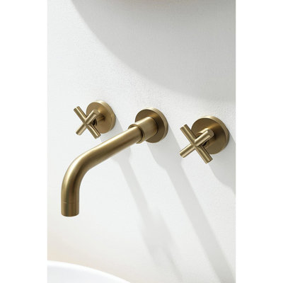 Solid Brass Bathroom Faucet Wall Mount - Brushed Gold, Quality, 2 Handles Gold Brass, Functional And Elegant,