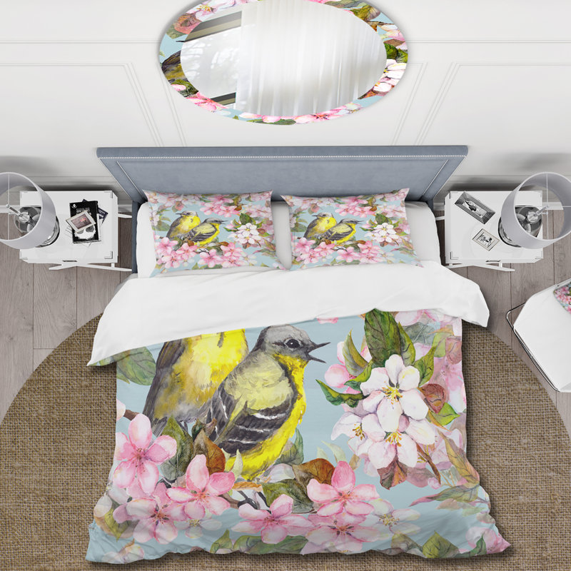 Ensemble de housse de couette en cerisier rose avec fleurs de cerisier et de pommes avec oiseaux II