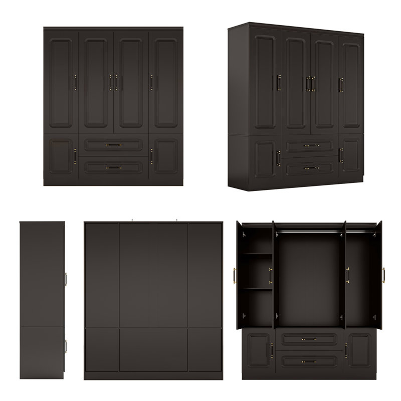 Armoire-penderie à 4 portes avec tiroirs et tablettes, H 70,87 "Armoire sur pied avec tringles suspendues, noir