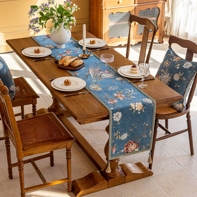 Chemin de table avec broderie pivoine et support en silicone, ivoire, 72 po x 14 po, 14 po x 90 po, Bleu cendré