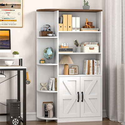 Bibliothèque d'angle avec portes d'armoire, bibliothèque en bois avec tablettes réglables pour le salon, le bureau ou le bureau, brun et blanc