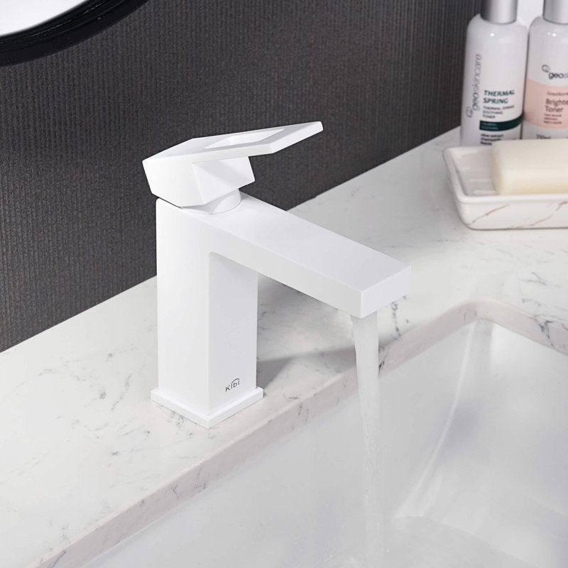 Cube Single-handle Bathroom Faucet, Drain Assembly Included, Matte White