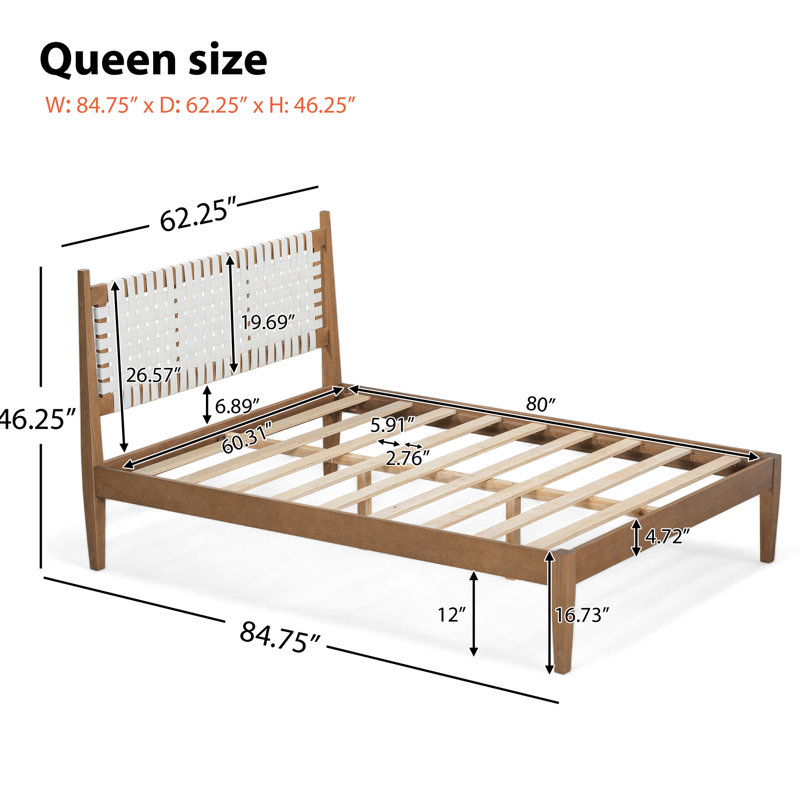 Bohemian - Inspired Queen Size Bed With Woven Leather Back, Natural Wood, Finish And Pine Frame, Weight Balanced Slats