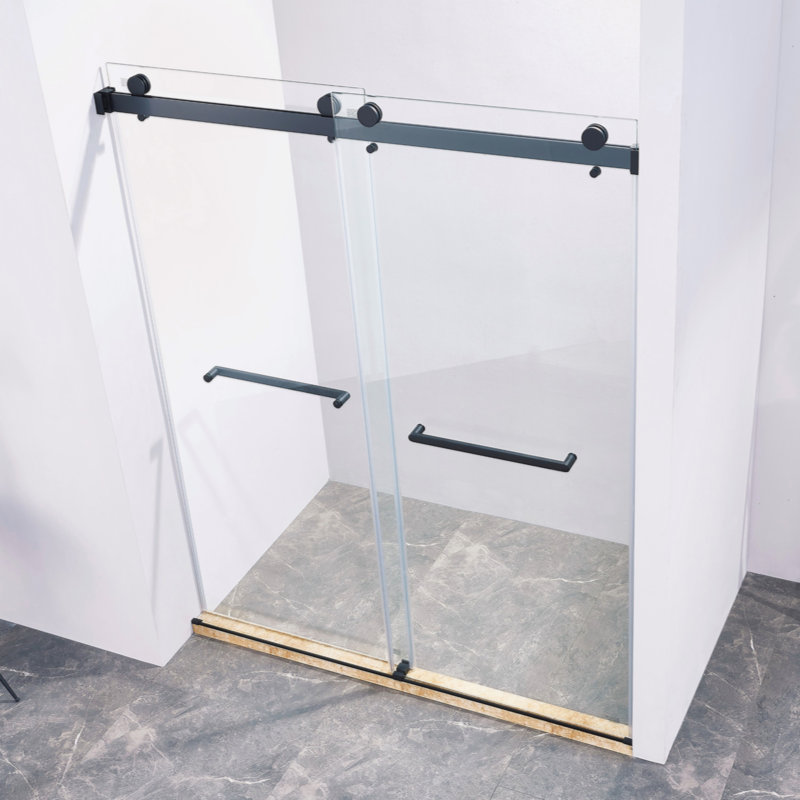 Porte de douche coulissante double sans cadre de 56 à 60 po x H 75 po, en acier inoxydable 304, en verre trempé clair de 5/16 po (8 mm) d'épaisseur.