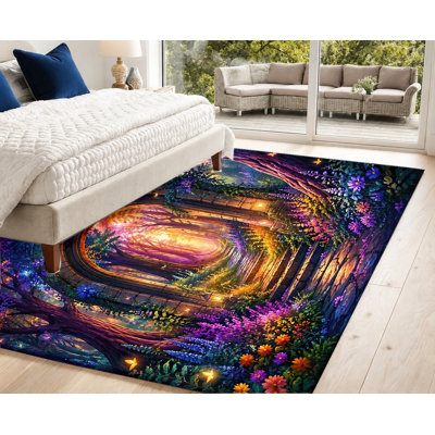 Tapis « Chemin de la Forêt Magique », Scène de Bois Enchanté, Imprimé Nature Fantastique et Vibrant, Tapis Antidérapant, Décoration Intérieure Artistique pour Salon, Chambre, Couloir, Salle de Jeux
