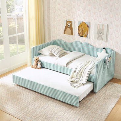Twin‑Size Daybed,Gingham Upholstered Daybed Equipped with Pull-Out Trundle Bed Frame & Side Storage Pocket