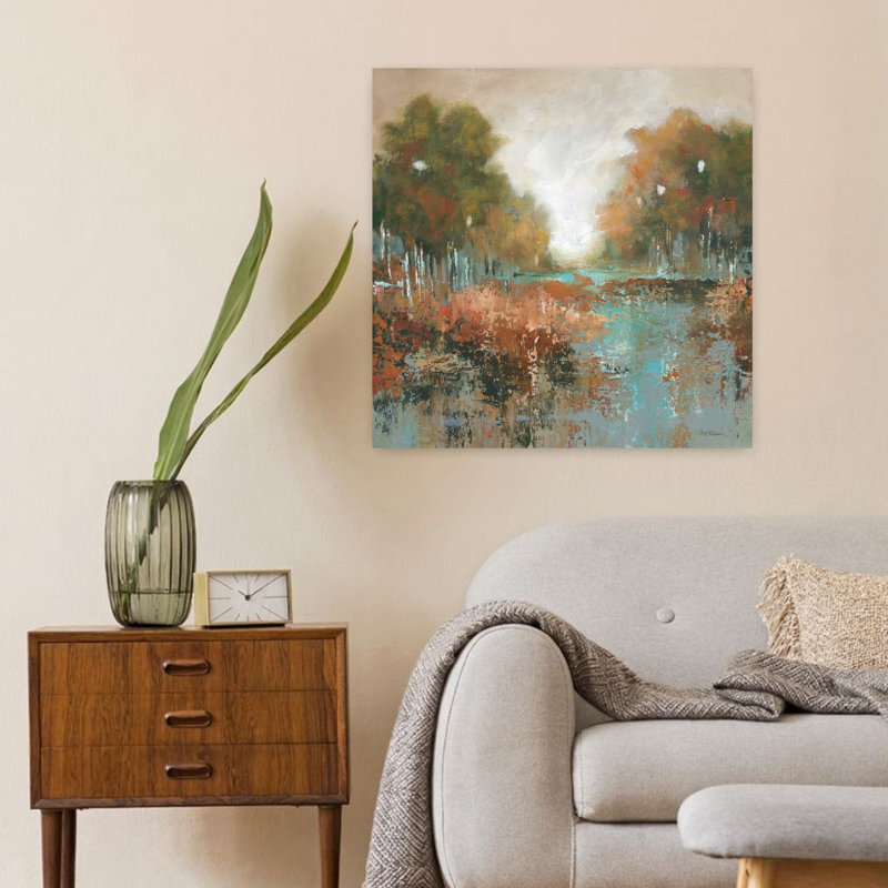 «Autumn Walk», art contemporain abstrait forêt paisible, H 24 po x l 24 po
