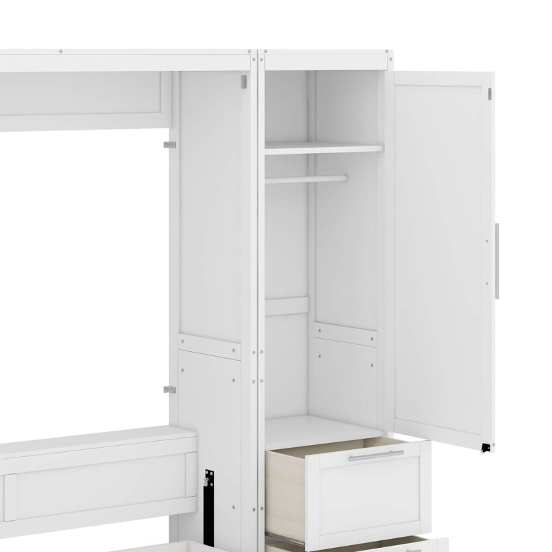 Grand lit escamotable avec tiroirs et tablettes, Blanc