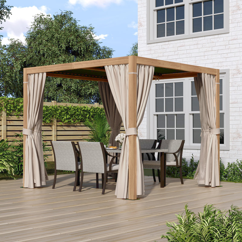 Aluminum Louvered Pergola with Adjustable Roof and Curtains, 10 Ft W x 10 Ft D, Natural wood