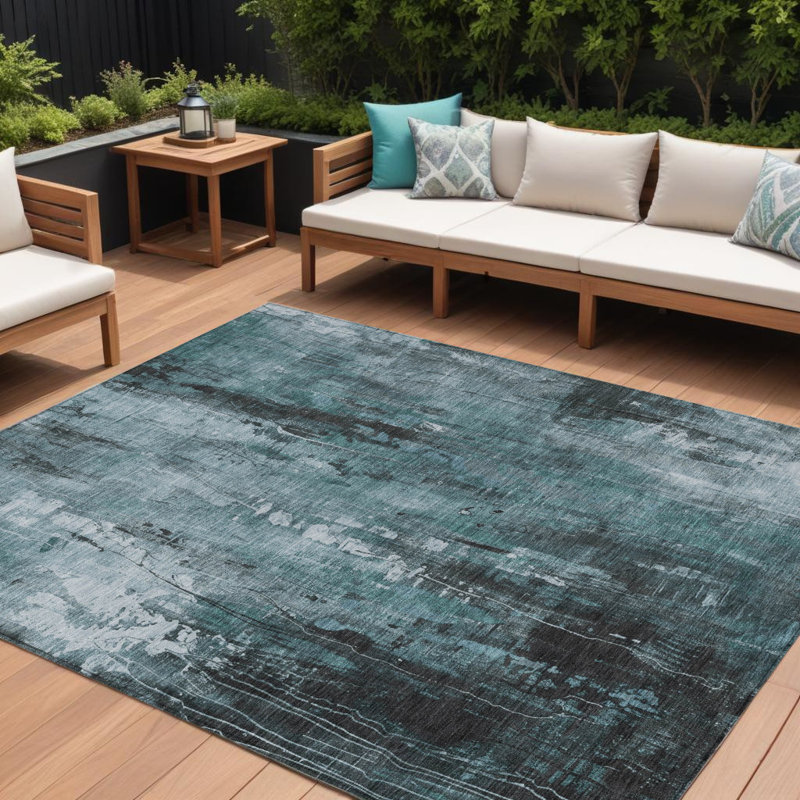 Tapis d'extérieur lavable abstrait bleu sarcelle gris et ivoire 10 pi x 14 pi