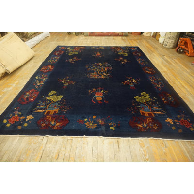 Wool Antique Knotted Rectangle Chinese - Art Deco 1920s Room Size Blue Rug