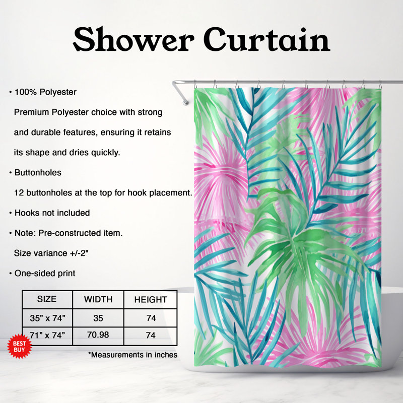 Rideau de douche 1 pièce Tropical Foliage Art, H 74 po x l 71 po