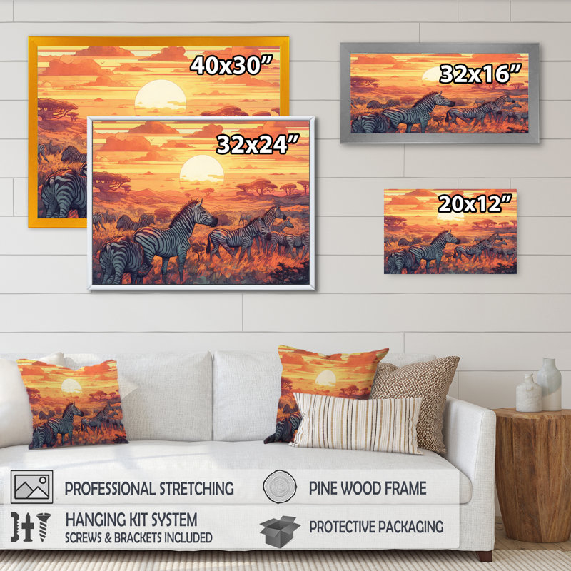 Safari africain orange avec zèbres sur toile, H 30 po x l 40 po x P 1,5 po, Toile tendue