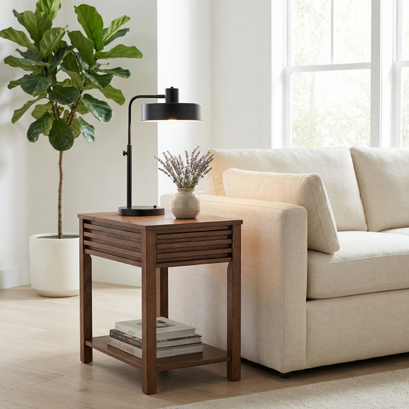 Charnay Rectangular Wood Chairside End Table With Charging Station And Storage, Brown Oak