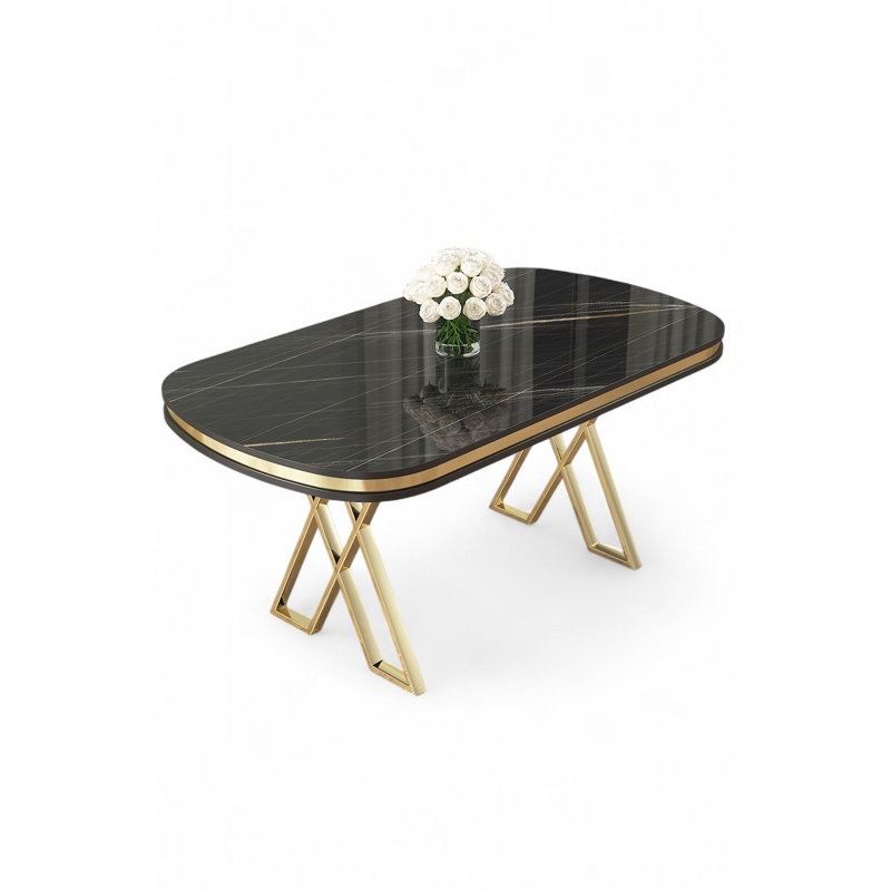 Table de salle à manger moderne avec finition en marbre noir et or 66,1 po x 29,9 po x 35,4 po | Panneau 100% laqué et pieds robustes en métal | Design élégant et glamour pour les salles à manger élégantes et les espaces de divertissement