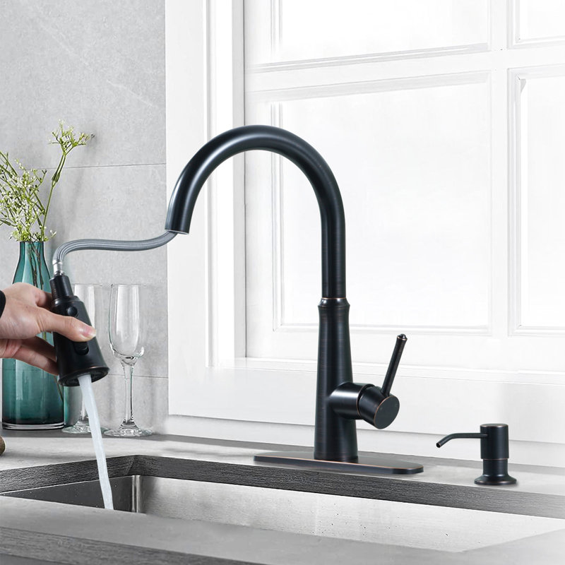 WOWOW Pull Out Kitchen Faucet with Soap Dispenser, Oil Rubbed Bronze