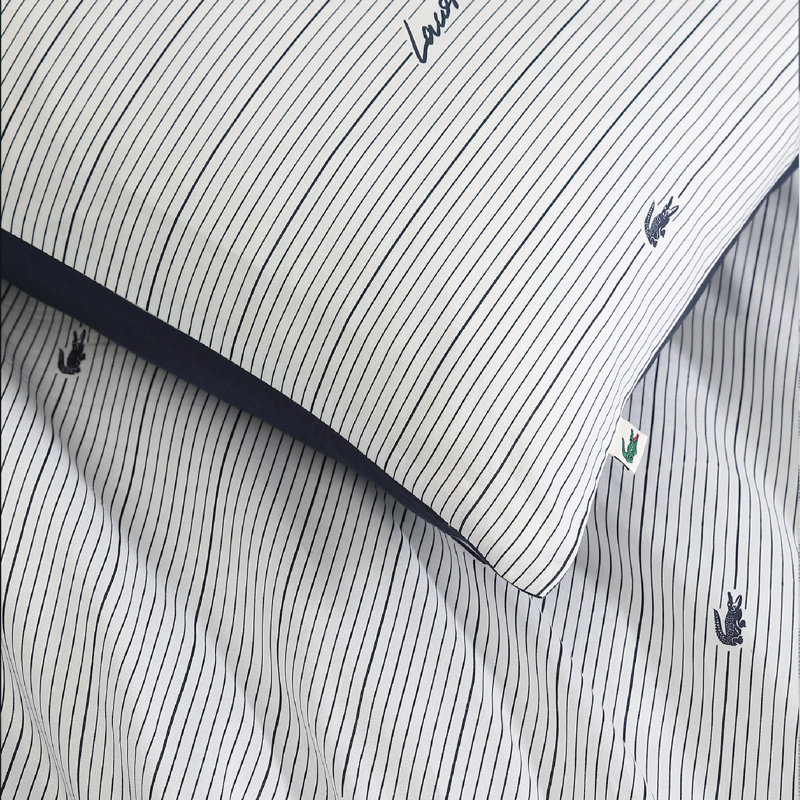 Lacoste Logo Stripe 100% Cotton Comforter Set, Soft Breathable All-Season with Embroidered Crocodile, Twin 2-Piece Navy