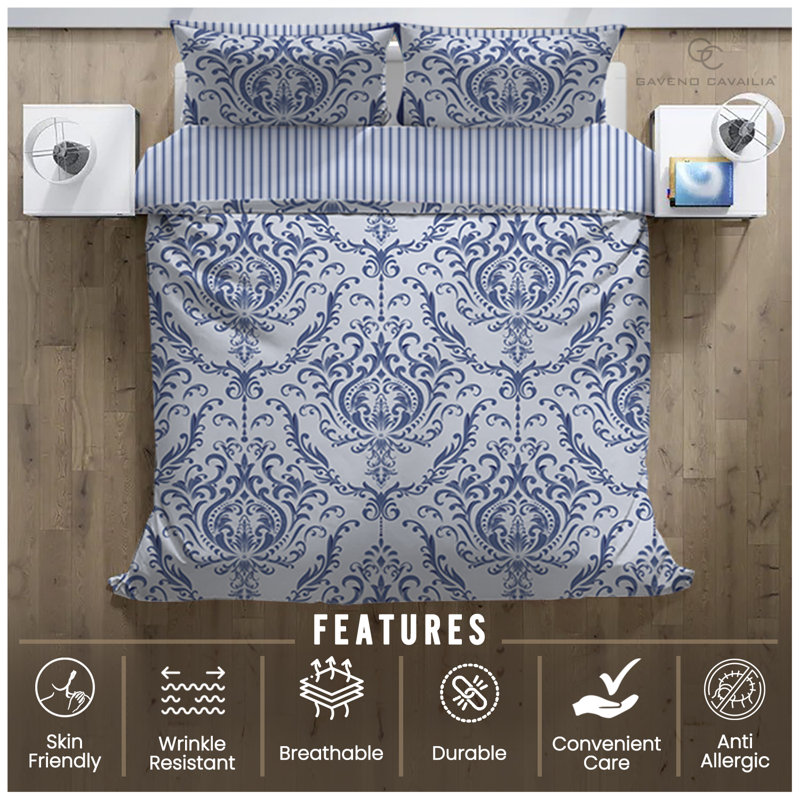 Polycotton Damask Duvet Cover Set with Matching Pillowcases - Soft Yarn Bedding, King, Blue