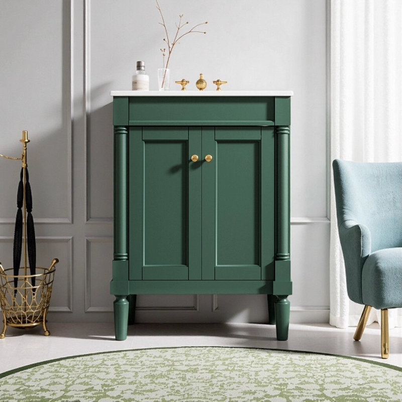 Meuble-lavabo moderne 24 po avec lavabo supérieur en céramique, armoire de rangement à 2 niveaux avec portes à fermeture douce, structure en bois massif et panneau de fibres à densité moyenne de haute qualité