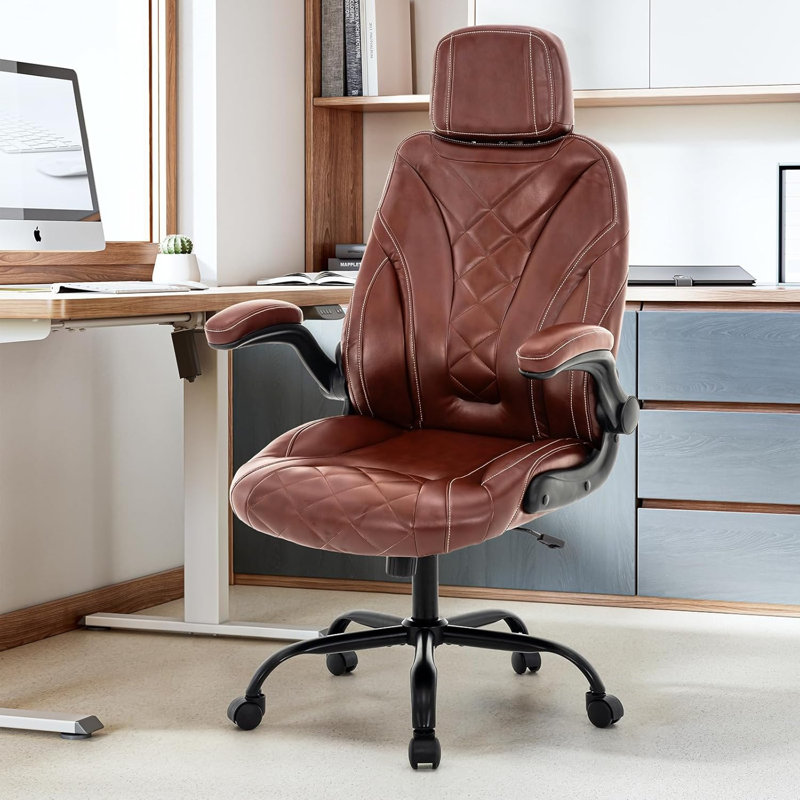 Aime Ergonomic Managerial Executive Office Chair – Flip‑Up Arms, Adjustable Headrest & Lumbar Support, Thick PU Leather Desk Chair with 360° Swivel & Height Adjustment for Home Office Professionals
