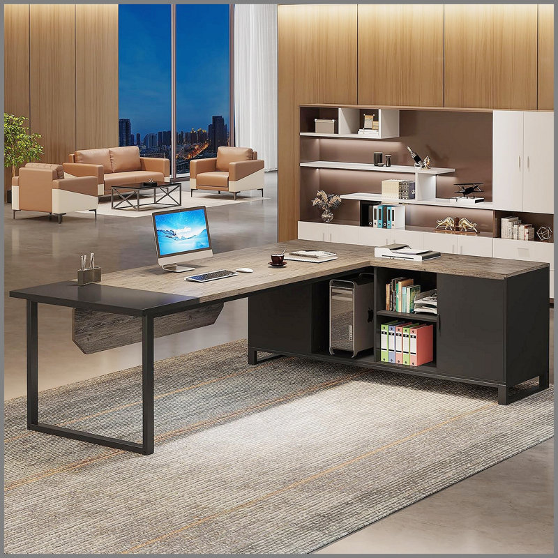 70.8 Inch L-Shaped Executive Desk with 55 Inch File Cabinet, Large Industrial Computer Workstation, Corner Office Desk for Home & Business, Retro Gray & Black