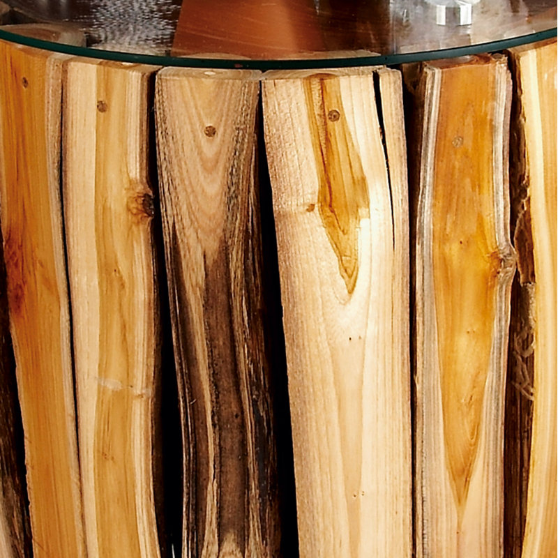 Ranier Brown Teak Wood Handmade Live Edge Tree Branch Side End Accent Table with Clear Glass Top
