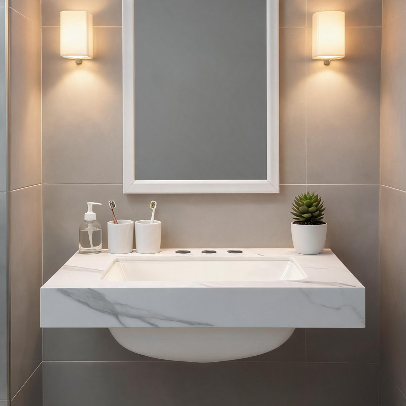 Comptoir en pierre frittée blanche de Carrare de 24 pouces et lavabo en céramique encastré avec trois trous prépercés pour robinetterie standard